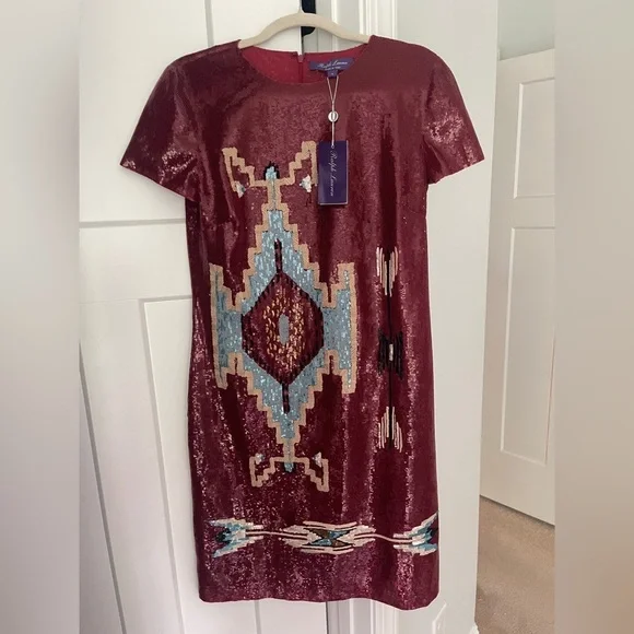 NWT Ralph Lauren Purple Label Embellished Cady Red Sequin Short Sleeve Dress new